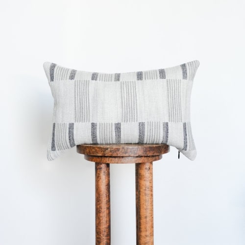 Cream, Navy, & Grey Block Stripe Linen Lumbar Pillow 13x20 | Pillows by Vantage Design