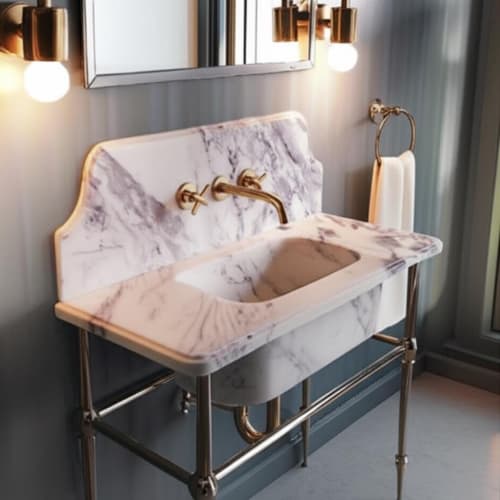 Vessel vein calacatta viola marble sink with aestetic backsplash | Water Fixtures by AYMARBLEDESIGN LLC