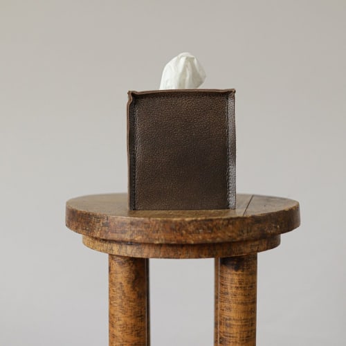 Brown Leather with Bronze Finish Single Tissue Box Cover | Decorative Box in Decorative Objects by Vantage Design