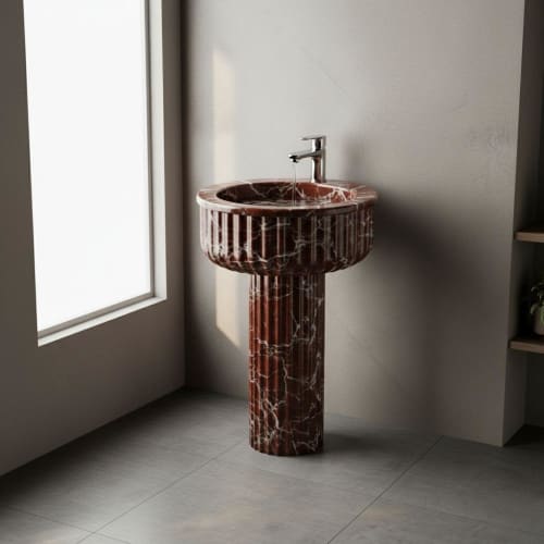 Round Pedestal Rosso Levanto fluted marble sink | Water Fixtures by AYMARBLEDESIGN LLC