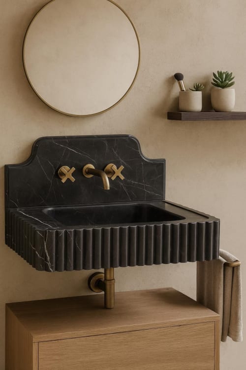 Floating Nero Marquina Black Marble Sink with Backsplash | Custom Wall Mounted Vanity | Water Fixtures by Vero Marble