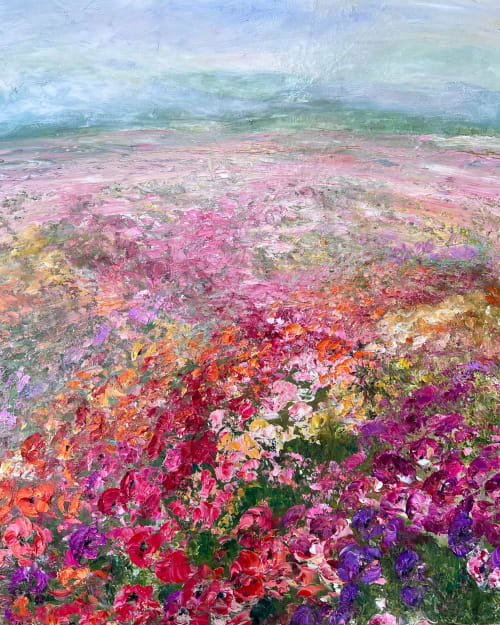 Pink Flower Field | Paintings by Checa Art
