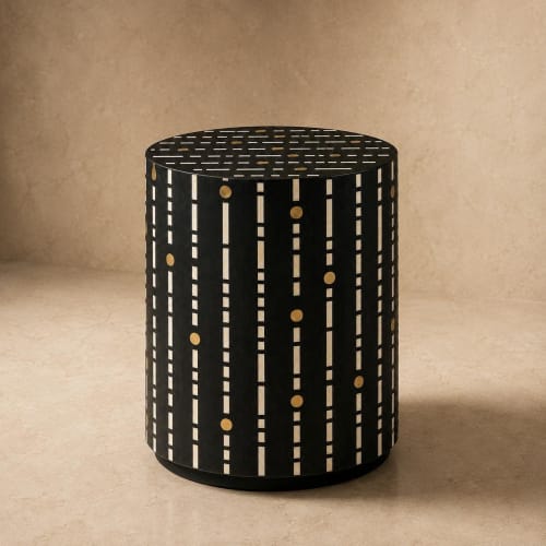 Handmade Black Bone Inlay Side Table, Brass Dot Art Deco Drum End Table | Tables by IKKAZA