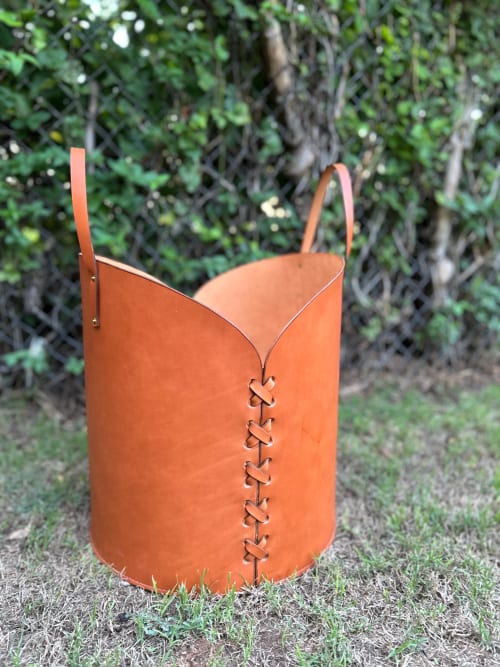 16in Tan Leather Basket | Storage Basket in Storage by Harrow and Sickle Leather Design