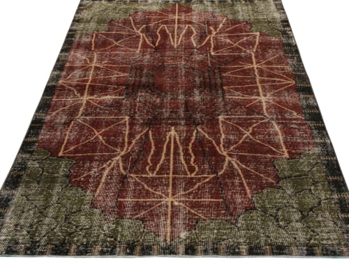 1960s Vintage Art Deco Rug in Red, Green, Black, Distressed Geometric Pattern | Rugs by Rug and Kilim