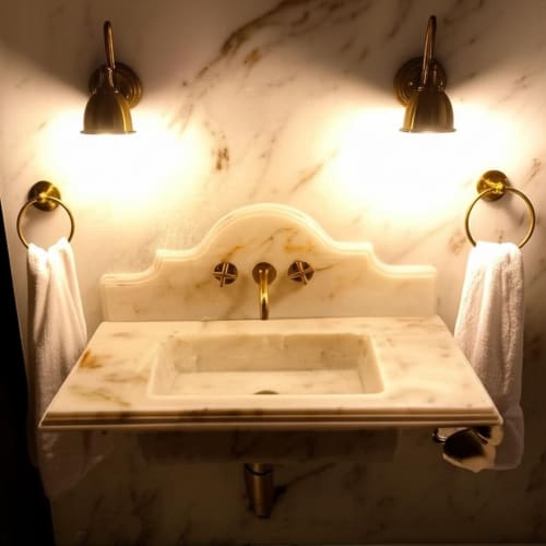 Calacatta Gold Marble Bathroom Sink with Backsplash - 36" | Water Fixtures by AYMARBLEDESIGN LLC