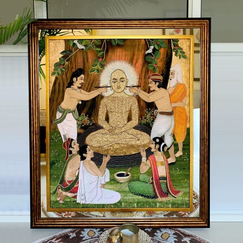 Mahavira Jain Wall Art, Handmade Precious Bejewelled Jainism | Embroidery in Wall Hangings by MagicSimSim