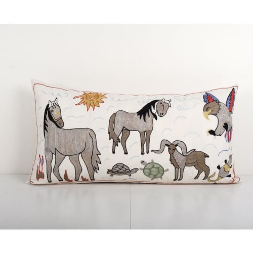 Uzbek Long Suzani Bed Cushion Cover with Animal Motif, Horse | Pillows by Vintage Pillows Store