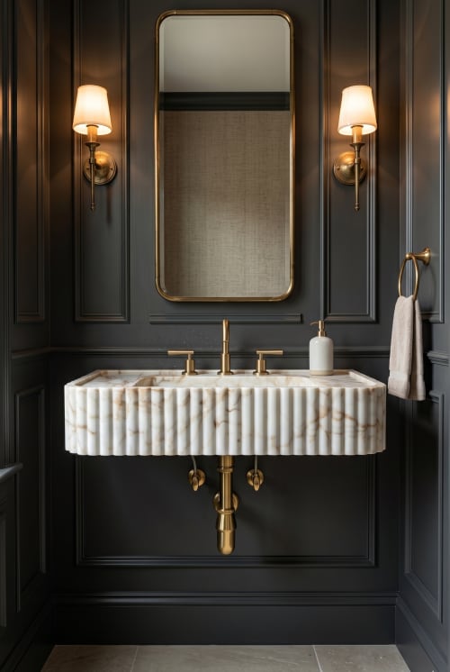 Floating Calacatta Gold Marble Sink | Custom Wall Mounted Vanity | Water Fixtures by Vero Marble