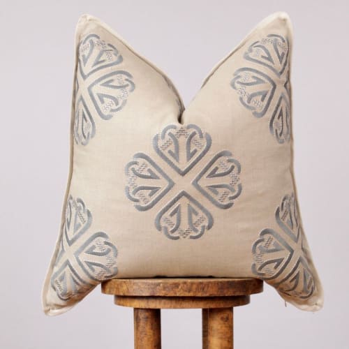 Embroidered Medallion in Blue & Cream with Flange Decorative | Pillows by Vantage Design