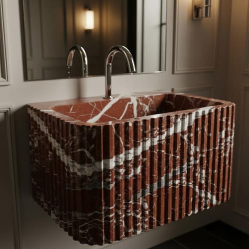Hand-Carved Rosso Levanto Marble Sink-Fluted Marble Bathroom Vessel Sink | Water Fixtures by AYMARBLEDESIGN LLC
