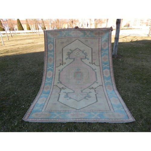 1970s Vintage Turquoise Turkish Oushak Rug - 5'8'' X 8' | Rugs by Vintage Pillows Store