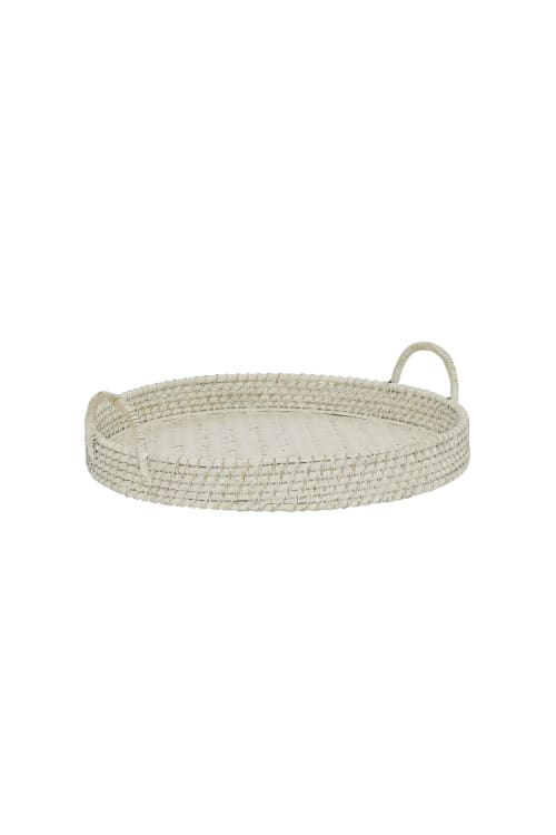 Handmade White Round Serving Tray Basket with Handles | Serveware by Amara