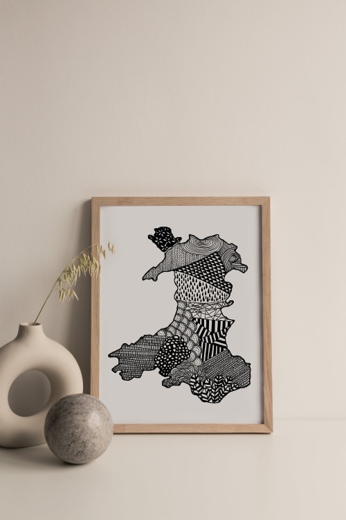 Wales Print, Welsh Map Wall Art, Black and White Drawing | Wall Hangings by Carissa Tanton
