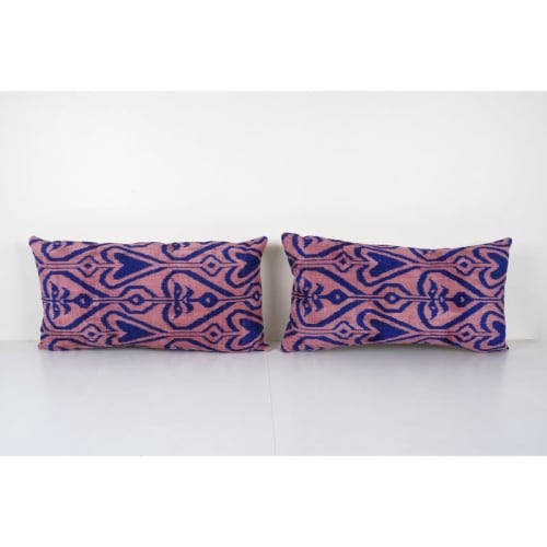 Silk Ikat Velvet Pillow Cover - Set of Two Ikat Pink and Blu | Cushion in Pillows by Vintage Pillows Store