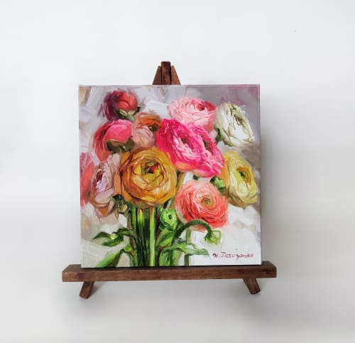 Ranunculus painting original 8x8, Colorful flowers oil | Paintings by Natart