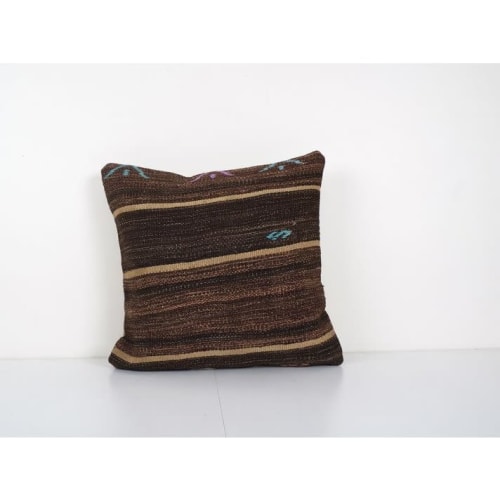 Vintage Mid Century Goat Hair Brown Kilim Pillow With Tradit | Cushion in Pillows by Vintage Pillows Store