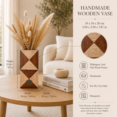 Modern Oak & Mahogany Wooden Vase, Handmade Marquetry Decor, Scandinavian Minimalist Home Accent | Vases & Vessels by Vesta Corte