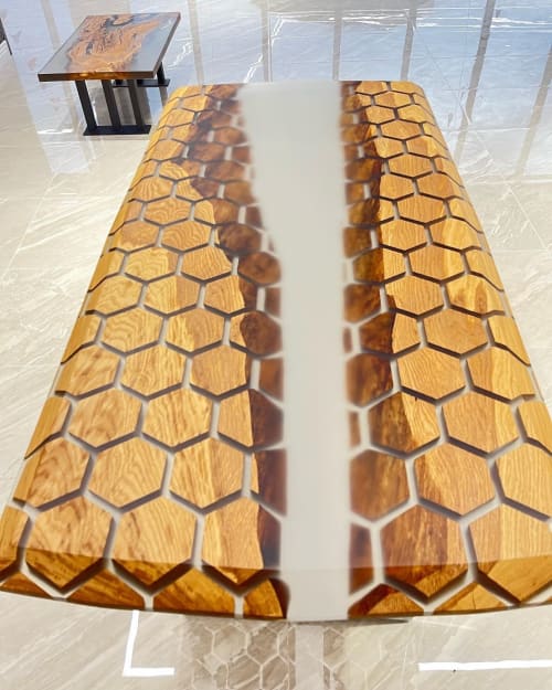 Hexagon Epoxy Table - River Table - Wood Art Table | Dining Table in Tables by Tinella Wood
