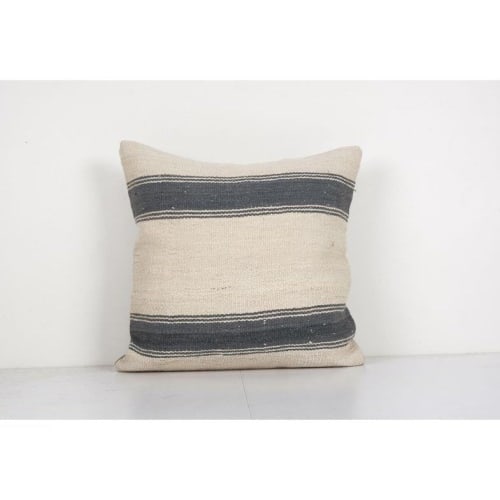 Vintage Gray Striped Organic Hemp Kilim Pillow, Handwoven Ki | Cushion in Pillows by Vintage Pillows Store