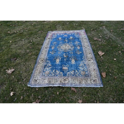 1970s Vintage Medium Size Blue Color Turkish Oushak Rug | Rugs by Vintage Pillows Store