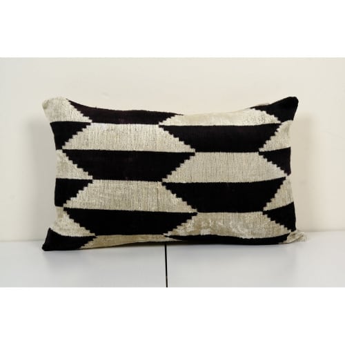Ikat Velvet Pillow, Silk Lumbar Cushion Cover, Black Lumbar | Linens & Bedding by Vintage Pillows Store