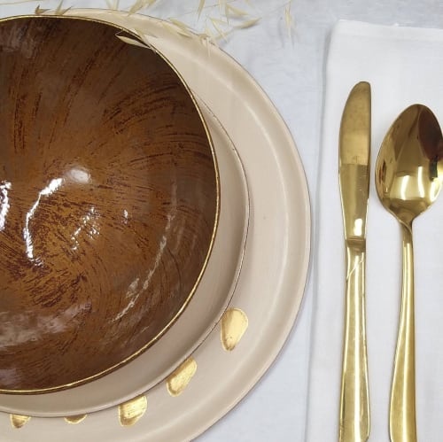 Modern Stoneware Dinner Set in Brown & Cream & 24k Gold Trim | Bowl in Dinnerware by YomYomceramic