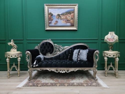 Victorian Style Chaise Lounge/ Aged Silver Leaf  /Hand Carve | Couches & Sofas by Art De Vie Furniture