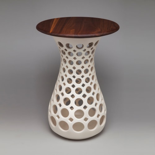 Hourglass Openwork Table with Walnut Top | Side Table in Tables by Lynne Meade