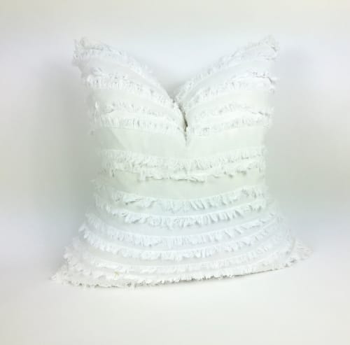 White woven pillow // White fringe pillow // grey pom pom | Pillows by velvet + linen