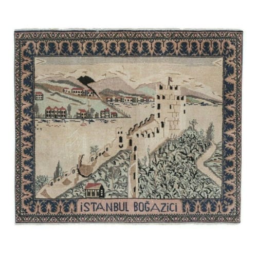 Handknotted Istanbul Bogazici Bridge Pictorial Rug | Rugs by Vintage Pillows Store