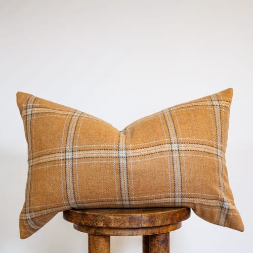Orange, Blue, & Brown Plaid Wool Lumbar Pillow 14x22 | Pillows by Vantage Design