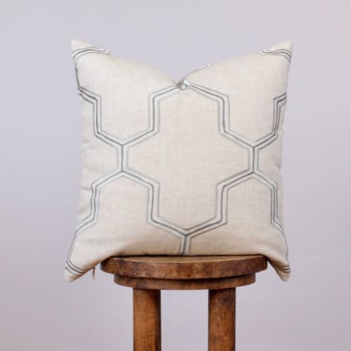 Teal, White & Tan Embroidered Honeycomb Pillow 18x18 | Pillows by Vantage Design