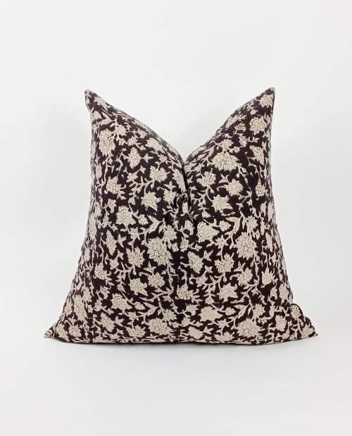black block print floral pillow, black floral pillow | Pillows by Velvet Fringe
