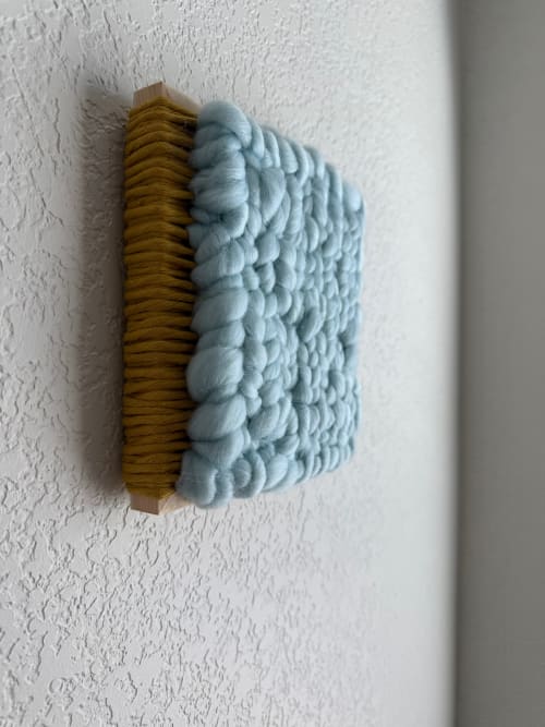 Woven Tile- Fluff- Mustard and Sky Blue | Wall Sculpture in Wall Hangings by Mpwovenn Fiber Art by Mindy Pantuso