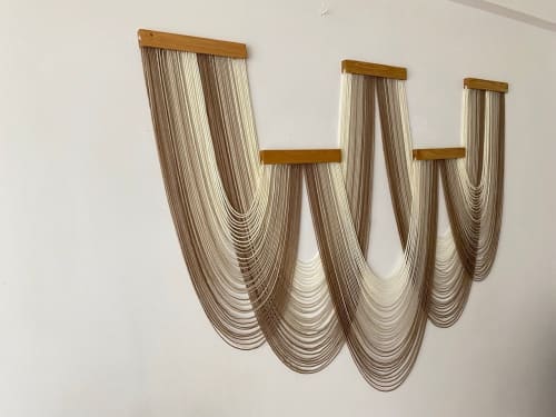 Boho Fiber Wall Hanging – Cascading String Art with Wooden Dowels, Neutral Beige Tones | Macrame Wall Hanging in Wall Hangings by RavaTapestryArt