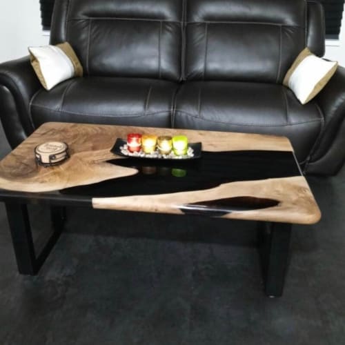 Custom Black Epoxy Coffe Table | Live Edge Walnut Wood | Tables by Ironscustomwood