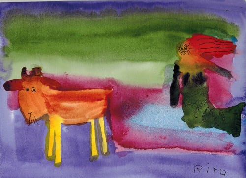 Little Mermaid with Tammy the Goat - Original Watercolor | Paintings by Rita Winkler - "My Art, My Shop" (original watercolors by artist with Down syndrome)