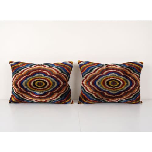 Pair Silk Ikat Velvet Pillow, Set of Two Silk Ikat Lumbar Cu | Cushion in Pillows by Vintage Pillows Store