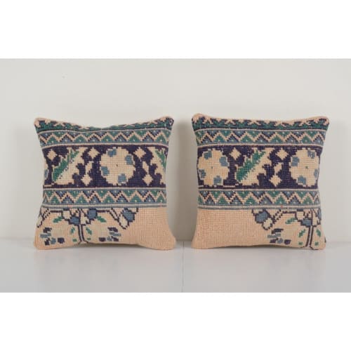 Set of Two Muted Ecru Carpet Rug Pillow | Pillows by Vintage Pillows Store