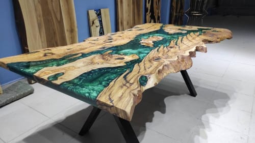 Live Edge Olive Emerald Green Dining Epoxy Table,Natural | Dining Table in Tables by LuxuryEpoxyFurniture