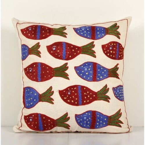 Fish Motifs Design Suzani Cushion Cover, Handmade Cotton | Pillows by Vintage Pillows Store
