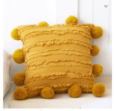 Mustard pom pom pillow // jumbo pom pom pillow // grey | Pillows by velvet + linen