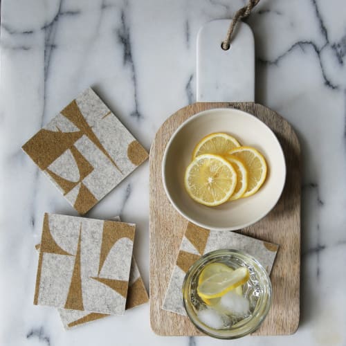 Coasters Merino Wool Felt Geo Jazz Ochre on Raw White | Tableware by Lorraine Tuson