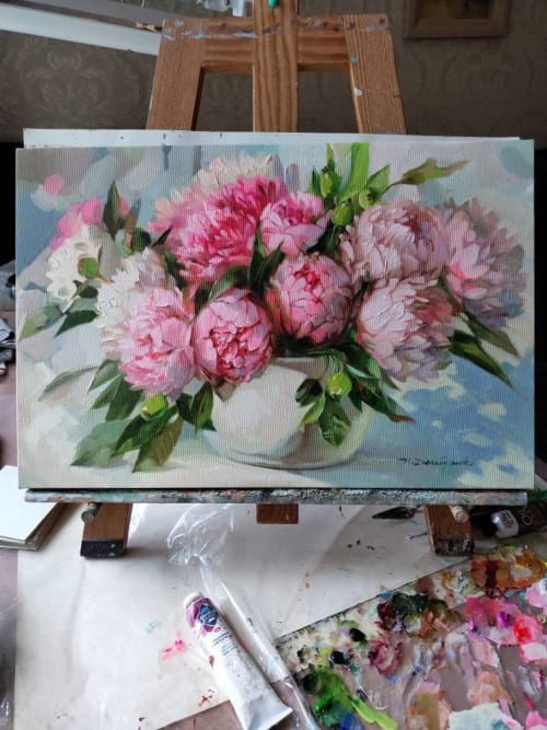 Pink peony painting original canvas art, Flowers art | Oil And Acrylic Painting in Paintings by Natart
