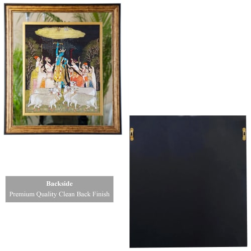 Giridhari, Bal Swaroop Shri Krishna Lifting Mount Govardhan | Embroidery in Wall Hangings by MagicSimSim