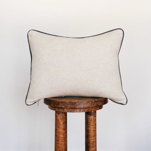 Cream Wool with Charcoal Flecking & Navy Leather Welt 14x18 | Pillow in Pillows by Vantage Design