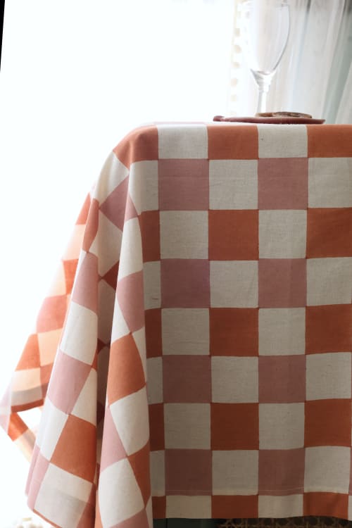 Blush Grid Block Print Tablecloth | Linens & Bedding by Ninéh