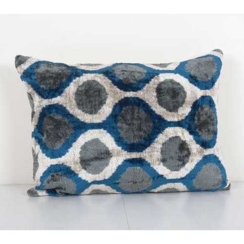 Blue Silk Ikat Velvet Lumbar Pillow Cover - Uzbek Ethnic Dec | Cushion in Pillows by Vintage Pillows Store