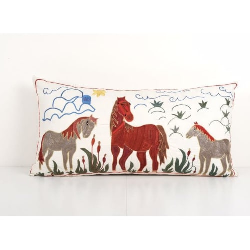 Vintage Cotton Horse Family Suzani Pillow Cover, White Samar | Cushion in Pillows by Vintage Pillows Store